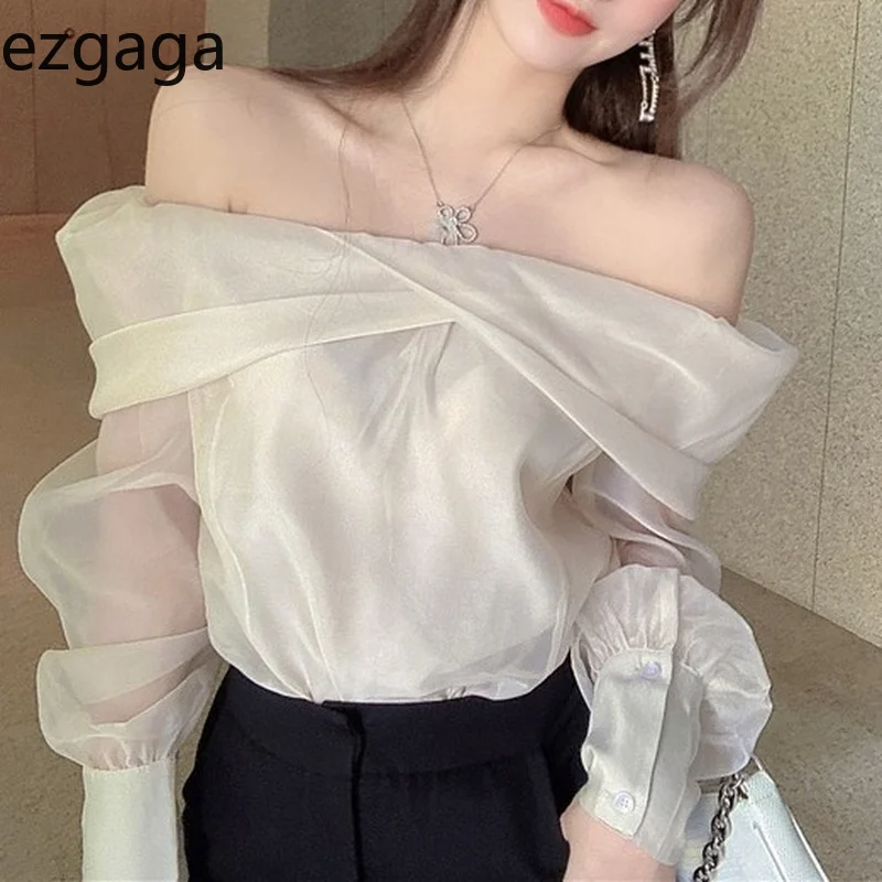 Блузка Ezgaga женская прозрачная с длинным рукавом кружевная однотонная свободная