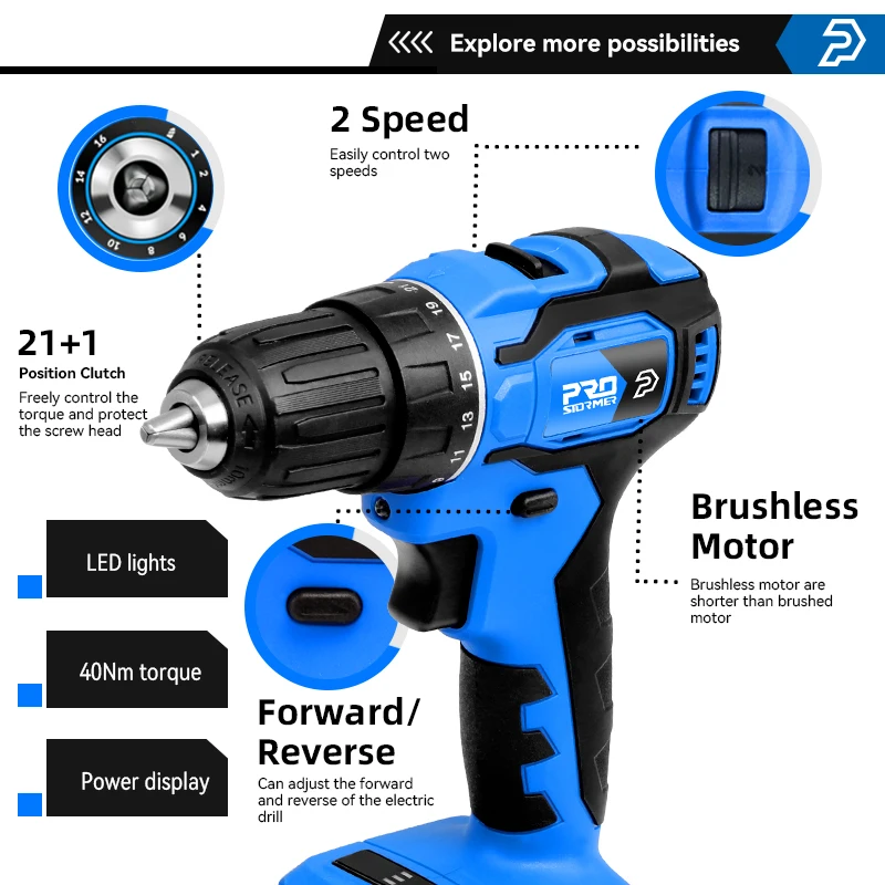 20V/21V Brushless Electric Drill 40NM/45NM Cordless Screwdriver Li-ion Battery Mini Electric Power Drill 5pcs Bit By PROSTORMER