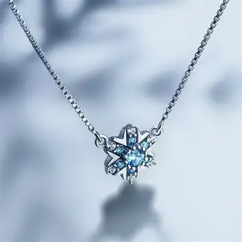 

925 Sterling Silver Snowflake Cubic Zirconia Necklace Women Fashion Box Chain Fine Jewelry Simple Necklaces & Pendants 925-174