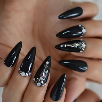 

Black Pre-designed Press On Nails Dark Stones Pointed Strass Long Stiletto Acrylic Artificial Nail Tips Rhinestone Nails
