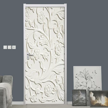 

2 Pcs/Set 3DWhite Embossed Flowers Stickers Door Wall Sticker DIY Mural Bedroom Home Decor Poster PVC Waterproof Door Sticker