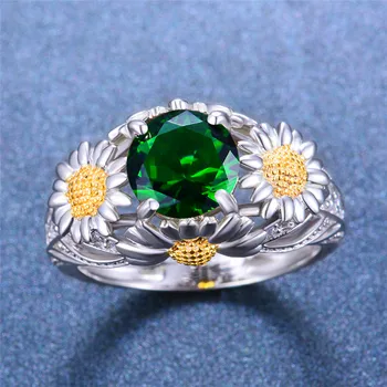 

Boho Ladies Big Round Zircon Flower Ring Romantic 925 Sterling Silver Wedding Ring Fashion Party Promise Rings For Women