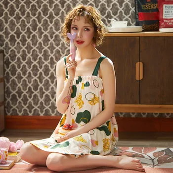 

Summer Sleepdress Set Sexy Vest Nightdress Cute off-shoulder Nightgowns Thin Nightwear Strap Sleepdress Cartoon Cotton Dress