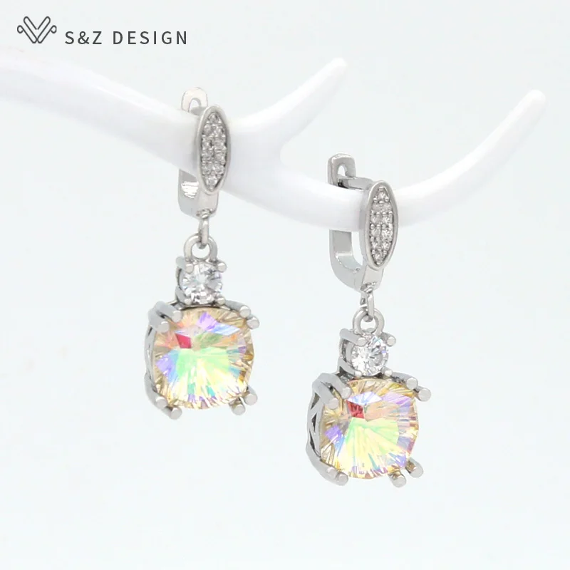 S&Z DESIGN New Fashion Luxury Colorful Square Crystal Zirconia Dangle Earrings Eardrop For Women 585 Rose Gold Color Jewelry