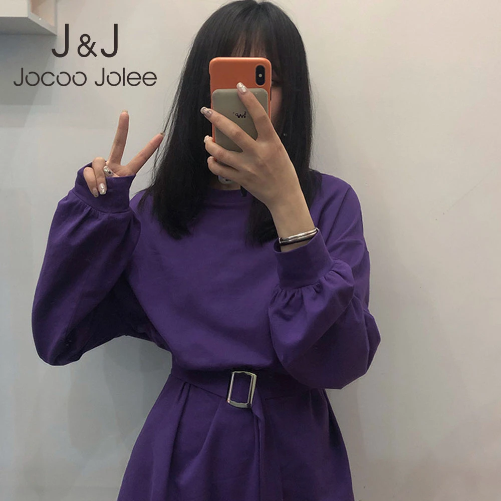 Jocoo Jolee женское свободное Harajuku уличное платье корейский стиль пояс Футболка с длинным рукавом платье осень зима однотонное мини платье