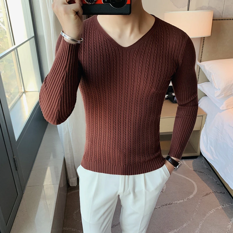 Men's Trendy V-Neck Pullover Knitted Autumn Slim Fit Long Sleeve Warm Sweaters