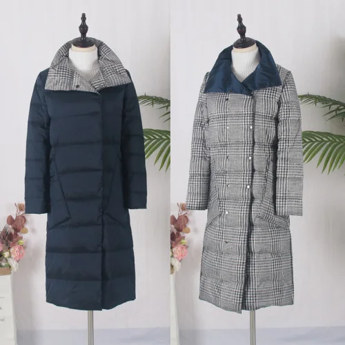 Blue-plaid Двубортное длинное пальто со стоячим воротником для женщин, Двусторонний пуховик, зимняя одежда, двусторонняя клетчатая ветрозащитная верхняя одежда M931 - Цвет: Blue-plaid