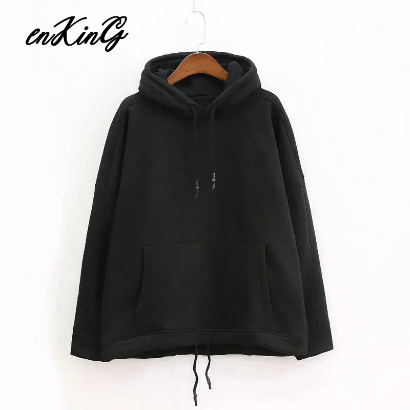 Black BTS oversize hoodie Sweatshirts hooded Cashmere loose kangaroo solid hooded fashion Women's hoodie tops plus size - Цвет: Black