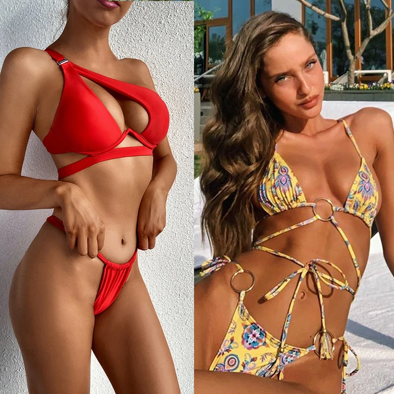Bikini plisado de un solo Color para mujer, traje de baño de dos piezas, conjunto de Bikini de un hombro, bañador de realce, novedad de 2021