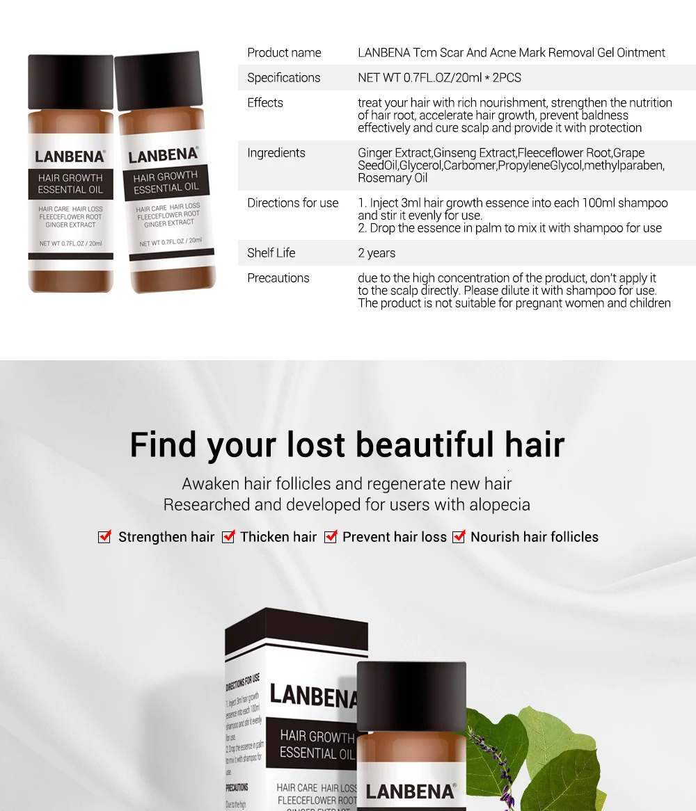 2 шт. LANBENA эфирное масло для роста волос Fleecflower корень имбиря экстракт питают фолликулы лечение Предотвращение выпадения волос уход