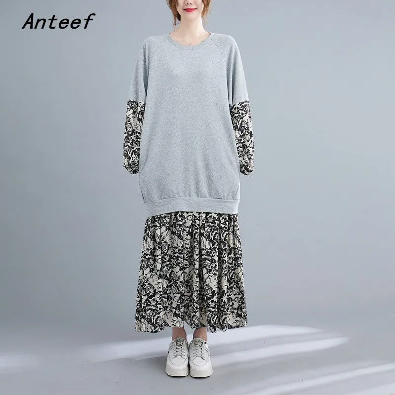 

Anteef long sleeve cotton vintage floral dresses for women casual loose spring autumn sweatshirt dress elegant clothing 2021