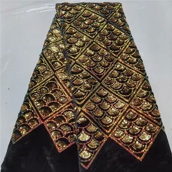 

black/gold Latest Nigerian Net Laces Fabrics High Quality Tulle African Laces velvet Fabric Wedding French Tulle Lace Material