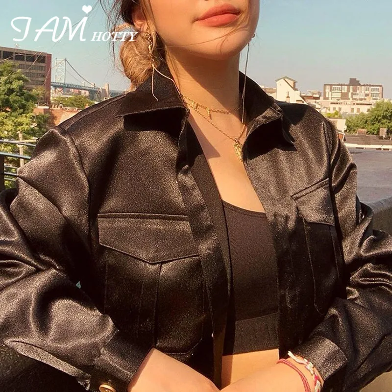 

IAMHOTTY Turn-down Collar Womens blouses Autumn 2020 Black Satin Basic Casual Croped Streetwear Shirt Female Vintage Elegant Top