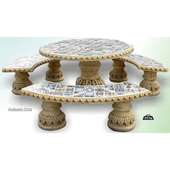 

Set round Dining Table and Banks with Backrest for garden or outside of concrete-stone and Tiles