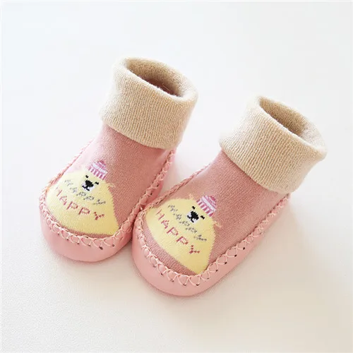 pink cake bear Носки для малышей с резиновой подошвой, зимние толстые детские носки-тапочки для новорожденных девочек и мальчиков, противоскользящая обувь, носки с мягкой подошвой - Цвет: pink cake bear