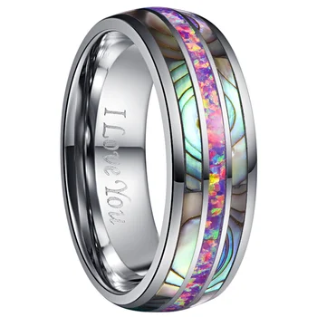 

8mm Dome Inlaid Acacia Purple Opal Tungsten Steel Ring For Women Mens Silver Color Engrave Love Finger Ring