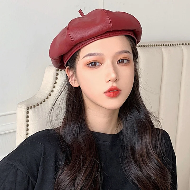 

2020 New Hat Women British Style PU Beret Casual Solid Color Pumpkin Octagonal Cap Autumn Winter Hat Outdoor Painter Hat