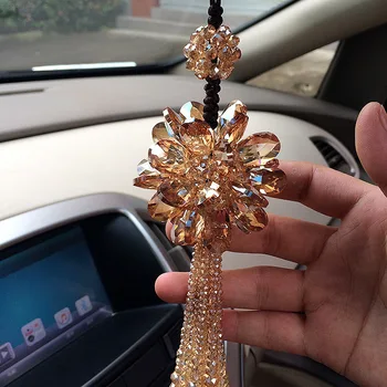 

Crystal Flower Car Hanging Ornaments Rhinestone Rear View Mirror Ornament Luxury Bling Car Accessories for Women Girls Beautiful
