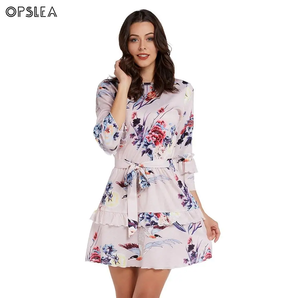 

Opslea Women Fashion Print Short Dress With Belt Lady Feminine Temperament Dress Autumn New Slim Waist Steetwear Vestidos