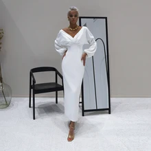

Simple Long Sleeves White Jersey Wedding Dress Slim Ankle Length Vintage Civil Bridal Gown For Bride Sheath Свадебное платье