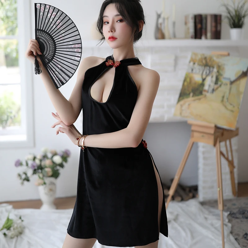 Тонкий Cheongsam бархатная Удобная ночная рубашка сексуальное платье с открытой спиной с перекрестными лямками с разрезом сбоку Соблазнительные Спальные платья одежда для сна