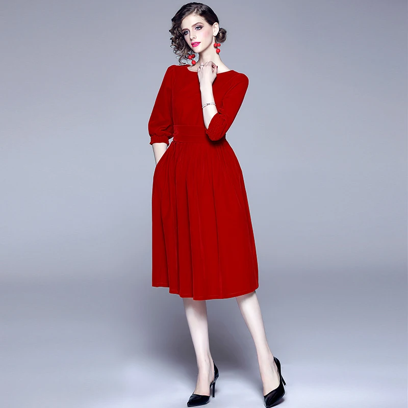 Новое женское Красное рождественское готическое бархатное зимнее платье Vestido Invierno Mujer миди вечерние офисные женские платья ropa mujer K8869