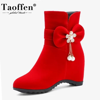 

TAOFFEN Size 33-43 Woman Winter Boots Beads Wedges Bow Tie Woman Ankle Boots Fashion Sweet Winter Shoes Woman Footwear