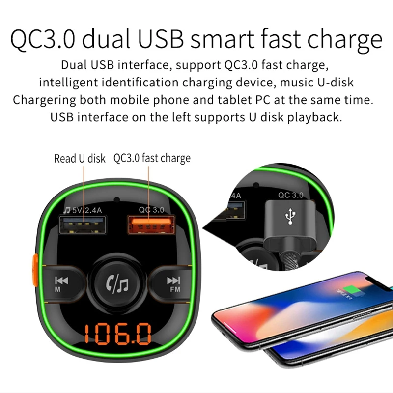 12 V-24 V BC52 автомобильного комплекта громкой связи Bluetooth 5,0 FM передатчик модулятор USB Музыка Аудио MP3 зарядное устройство для автомобиля с аудио автомобиля Зарядное устройство MP3
