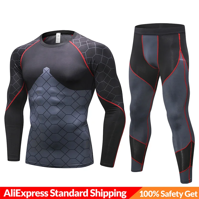 Black Red Set Зимние мужские кальсоны, комплекты термобелья, быстросохнущее, анти-микробное, стрейч, мужское термобелье, мужское теплое, фитнес-подарок - Цвет: Black Red Set