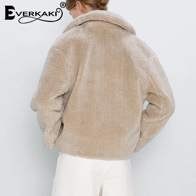 Everkaki/женские зимние куртки из искусственного меха ягненка, с карманами, на пуговицах, плотные, теплые, элегантные, шикарное пальто, женские куртки, новинка