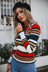 Европейский и американский полосатый цветной свитер женский 2018 осенний зауженный свитер P4-0604