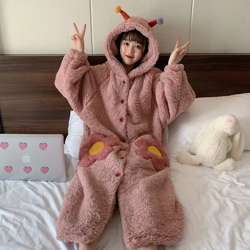 

Nightgown Women's 2019 Autumn And Winter New Style Loose-Fit Sweet Simple Long Sleeve Outer Wear Hooded Long Pajamas Tracksuit S