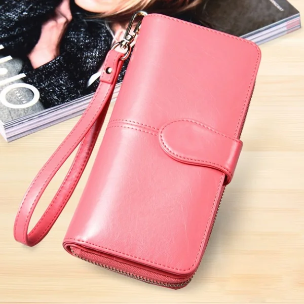 ACELURE Solid Color Women Long Wallets Simple Style Zipper& Hasp Purse With Card Holder Oil Wax Pu Leather Ladies Daily Wallet - Цвет: Pink