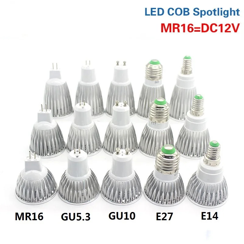 Светодиодный светильник E27 E14 220V MR16 DC 12V лампа COB и высокая мощность 9W 12W 15W яркость