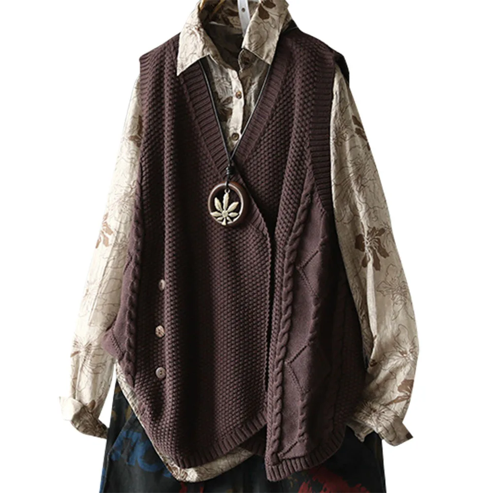 coffee Женский свитер жилет без рукавов свободная кнопка вниз v-образный вырез сплошной цвет вязаный жилет NFE99 - Цвет: coffee