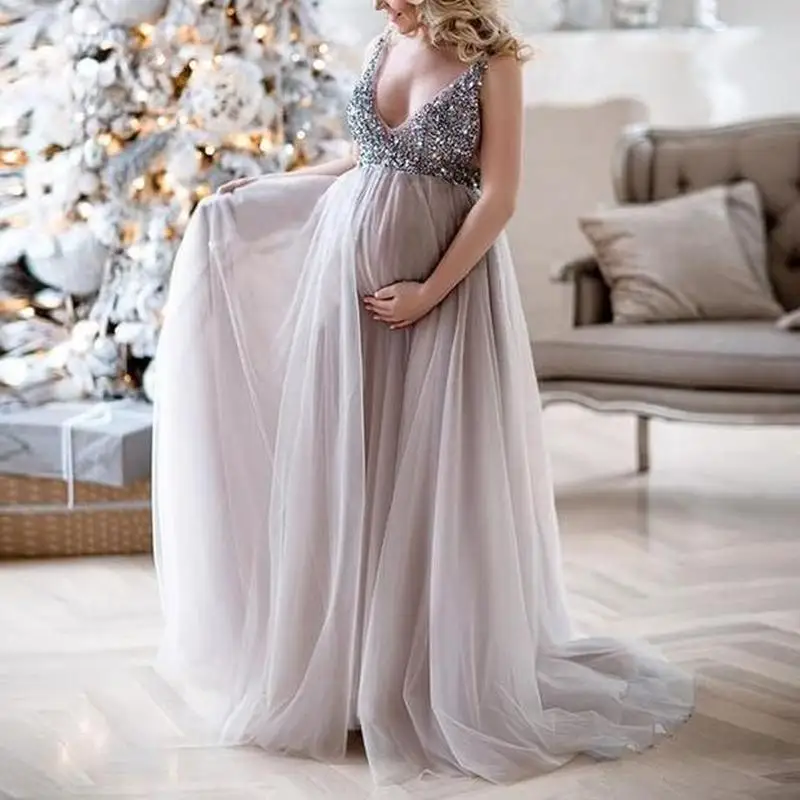Maternity Dress Sequin Decoration Pregnancy Clothes Sleeveless Pregnant Women Lady Elegant Lace Party Formal Evening Dress