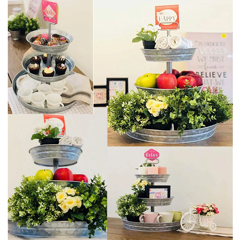 3 Tier Cake Stand Galvanized Metal Serving Tray Plant Dessert Cupcake Fruit Tiered Platter Vintage Decor for Home Party Kitchen