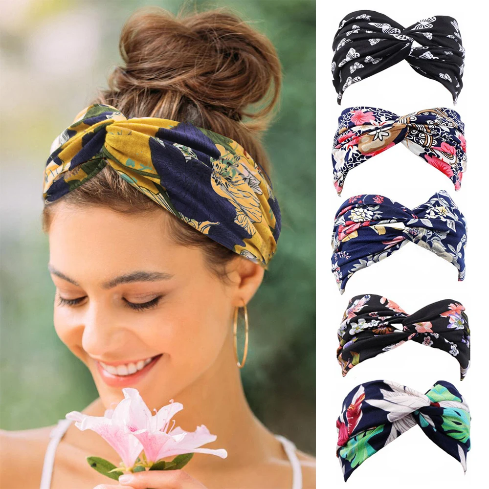 1PC Women's Wide Stretchy Cross Sports Headbands Twist Knot Nonslip Elastic Folds Yoga Fitness Running Summer Makeup Hair Band sports headbands