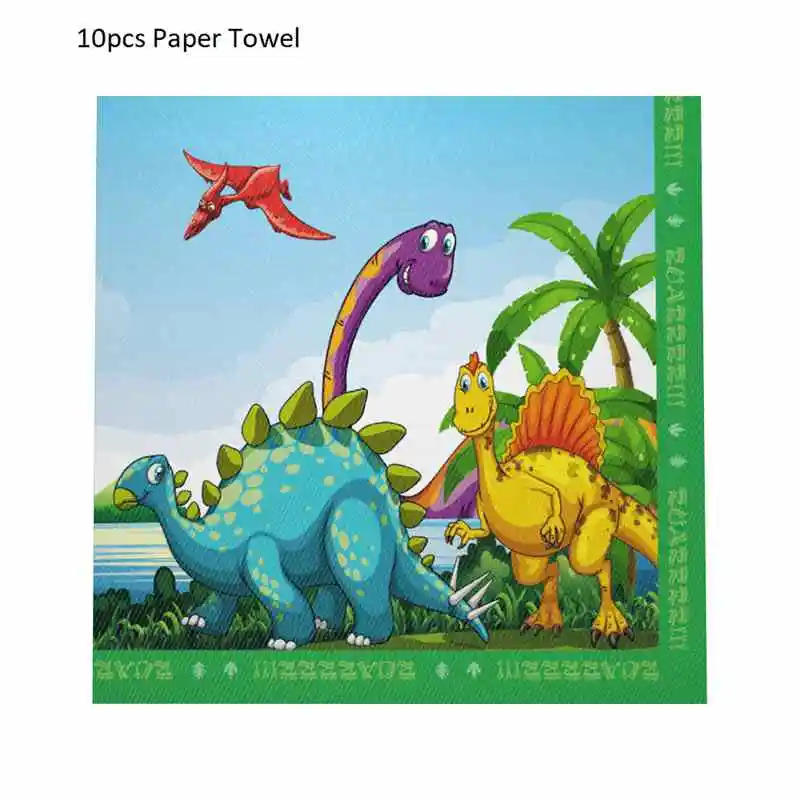 Dinosaur Party Tableware Paper Plate Cup Napkins Tablecloth Banner Happy Birthday Event Party Supplies for Boys - Цвет: 10pcs Paper Towel