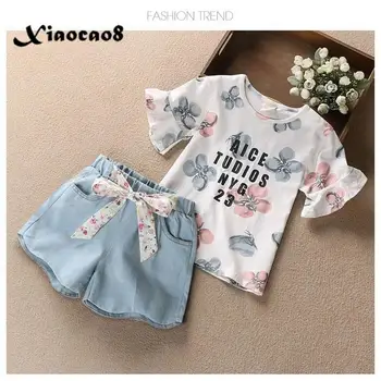 

3-12 Years Kids GIrls Summer Clothes Baby Toddler Girl Clothes Set Print Short Sleeve tShirts+ Soft Denim Shorts Outfits 6 8 10