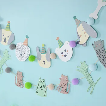 고양이 개 애완 동물 파티 깃발 화환 만화 생일 장식, 귀여운 강아지 및 고양이 동물 종이 배너, DIY 애완 동물 파티 용품