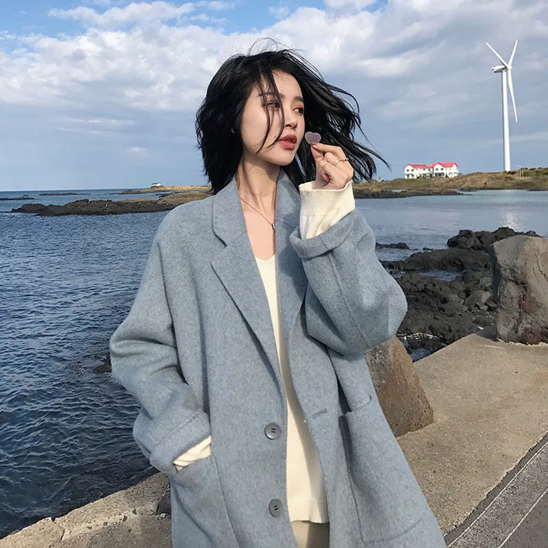 Осенне-зимнее шерстяное пальто женское корейское модное однобортное свободное шерстяное пальто женское элегантное теплое шерстяное пальто верхняя одежда - Цвет: light blue