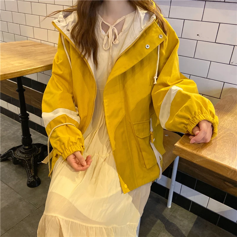 Neploe Женская Повседневная карго куртка Harajuku Новое контрастное цветное пальто с капюшоном стиль сафари куртки средней длины большого размера 56872 - Цвет: yellow