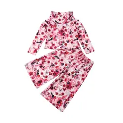 Pudcoco/одежда с цветочным принтом для маленьких девочек Футболка с высоким воротником и длинными рукавами + широкие штаны брюки штаны
