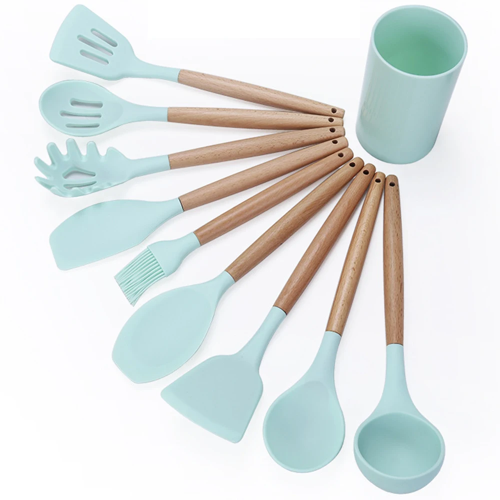 

9/11pcs Silicone Kitchenware Wooden Handle Utensils Non-Stick Baking Tool Cooking Tool Set With Storage Bucket Barbecue Tool Set