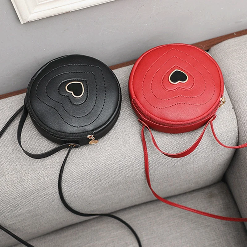 Fashion Cute Round Heart-Shaped Pattern Women'S Zipper Messenger Bag Shoulder Bag Handbag Red