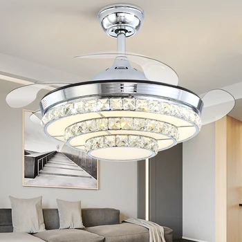 

Silver Luxury Invisible Ceiling Fan Lamp Inverter Simple Modern Household Living Dining Room Crystal Led Ceiling Lights Fan