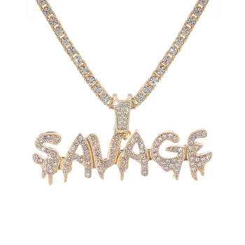 

Bling Bling Savage Letter Necklace & Pendant Shiny Ice Out Link Chain Necklace With Tennis Chain Choker Hip Hop Jewelry for Men