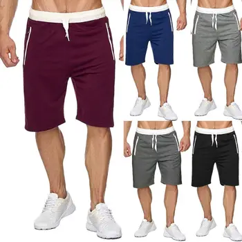 

Men Summer Color Bl-ock Drawstring Shorts Fifth Pants Zipper Pockets Trousers