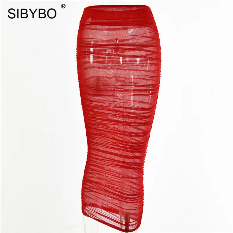 SIBYBO сетчатые прозрачные сексуальные юбки с высокой талией женские плиссированные обтягивающие длинная юбка-карандаш однотонная одежда для ночного клуба Женская юбка